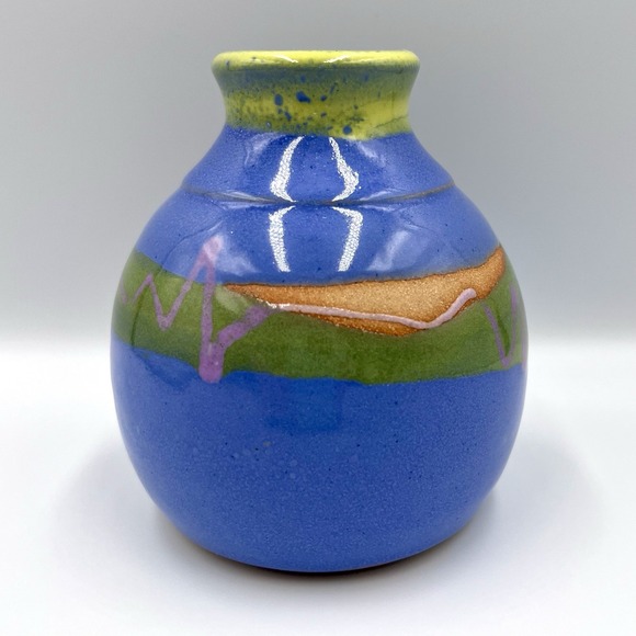Other - Studio Pottery Bud Vase 4.5" Blue Yellow Red Stone Layer‎ Glaze, Artist Signed